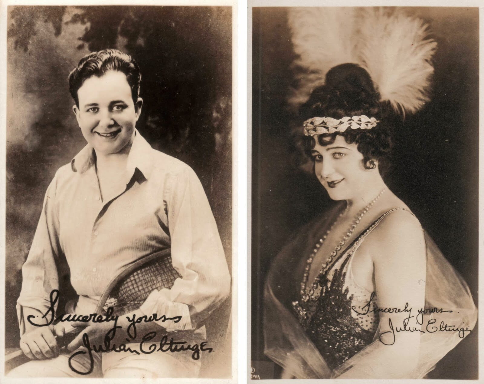 man on left of historical photo wearing button down. man in drag wearing dress and headpiece