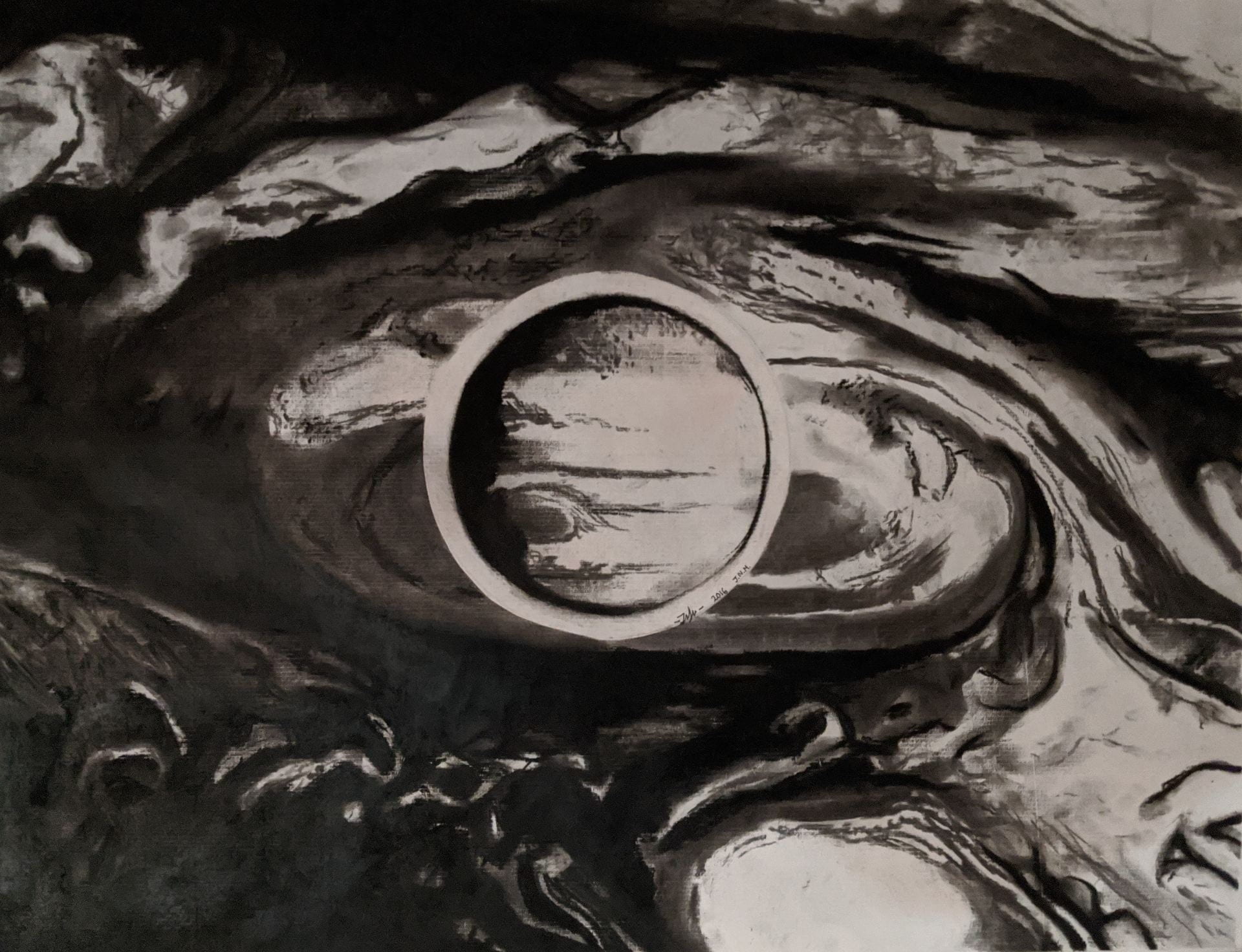 Black and white is marbled across the canvas with a sphere in the center that has an atmospheric and astronomical feel.