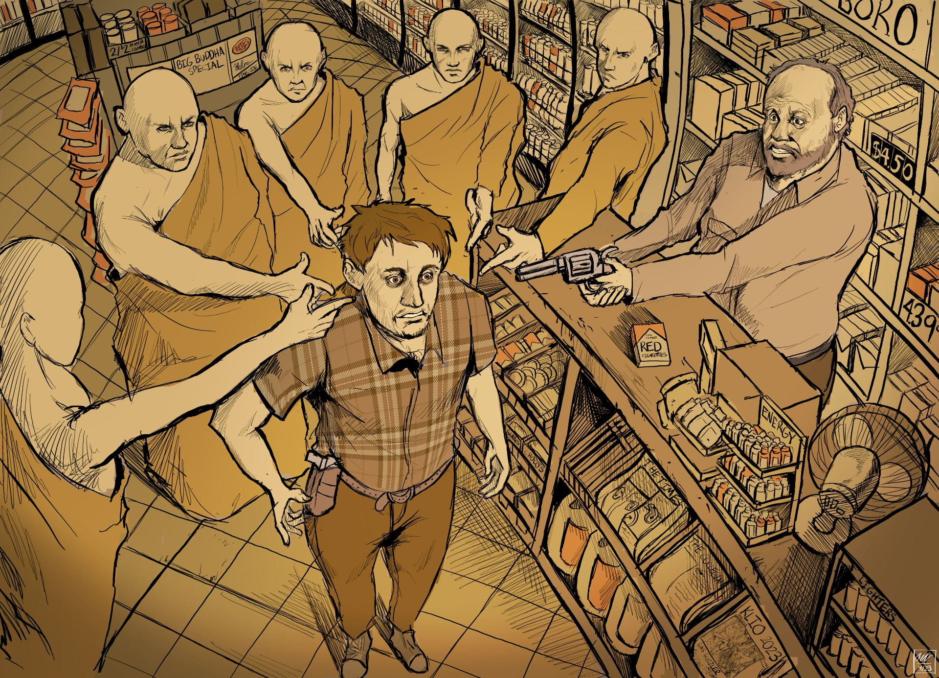 Illustration of man being held at gunpoint by several garbed Buddhist men in a gas station.