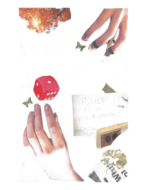A collage featuring cutouts of hands, a tree, butterflies, dice, power outlet, etc.