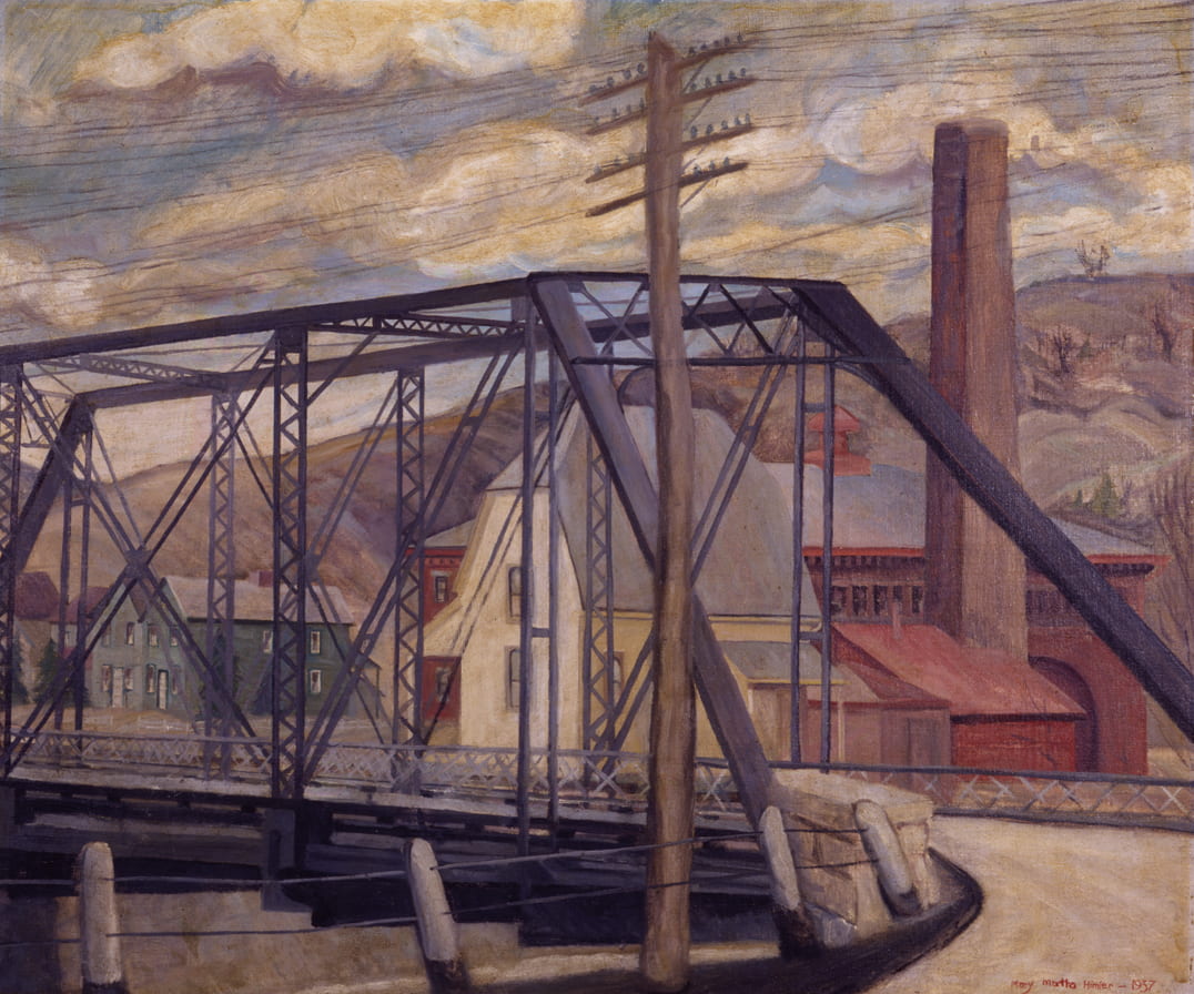 A painting of a dark-gray bridge surrounded by telephone poles and wires overhead. A small town is behind the bridge with green, cream, and red houses. The sky is blue with puffy, white clouds, and there is a mountain range in the background.