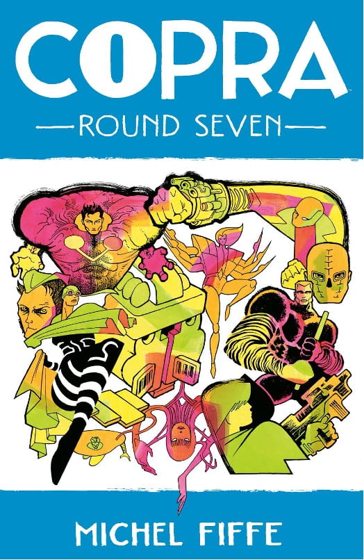 Colorful figures in fighting stances on comic book cover