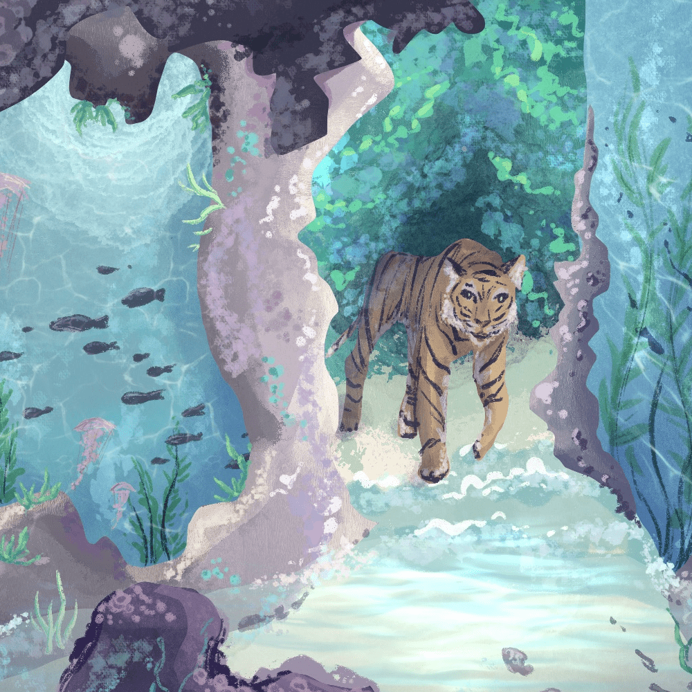 An illustration of a tiger underwater.