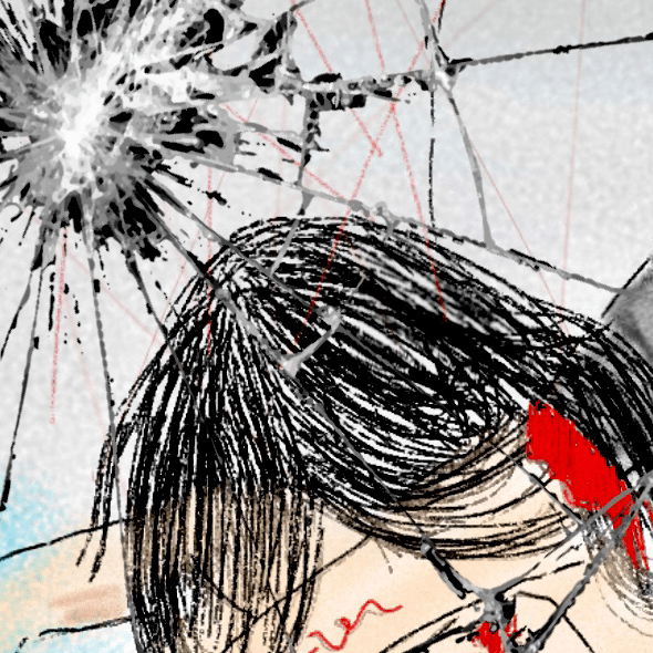 An illustration of a person with long black hair and a knife in their back, inside of a cracked mirror.